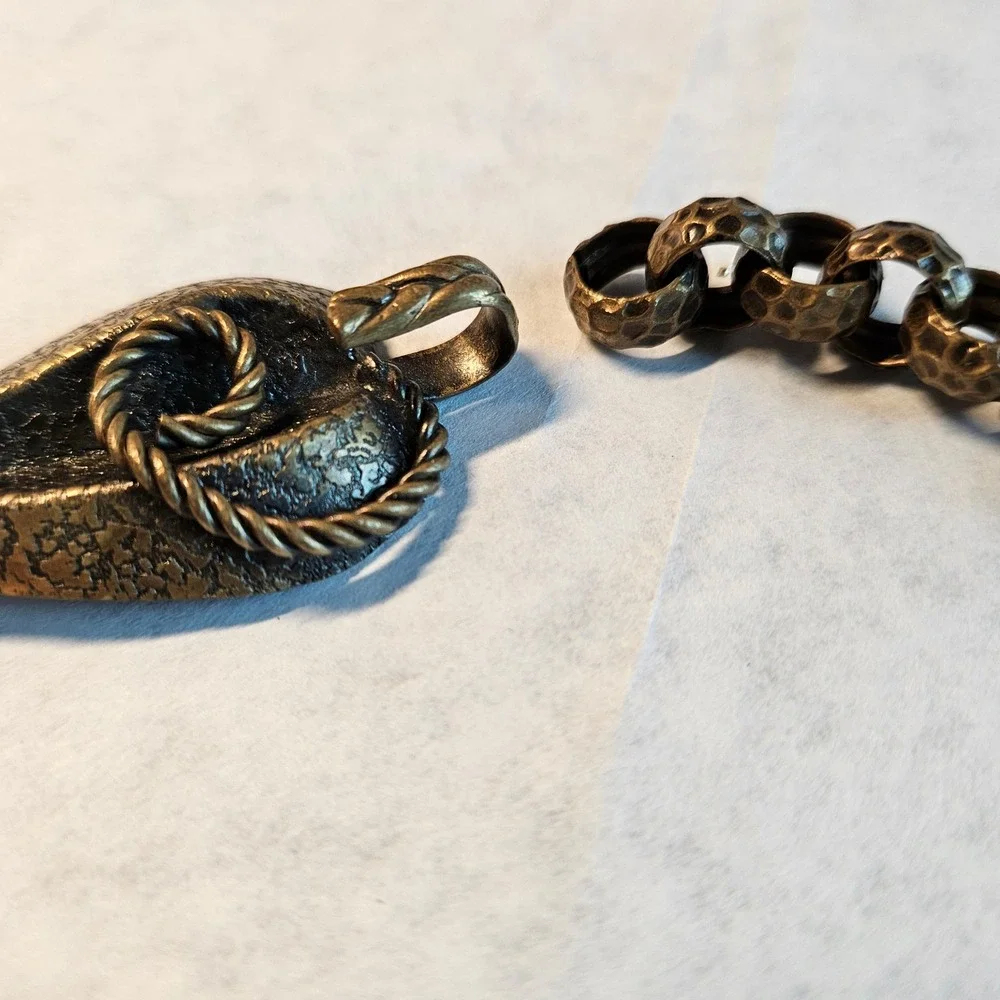 Vtg Bronze Leaf Hammered Chain Cloak Jacket Clasp Fastener Clip Hook Handmade